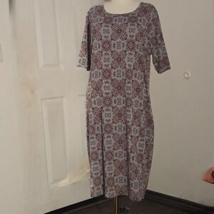LuLaRoe Light Blue and Brown Patterned Midi Dress